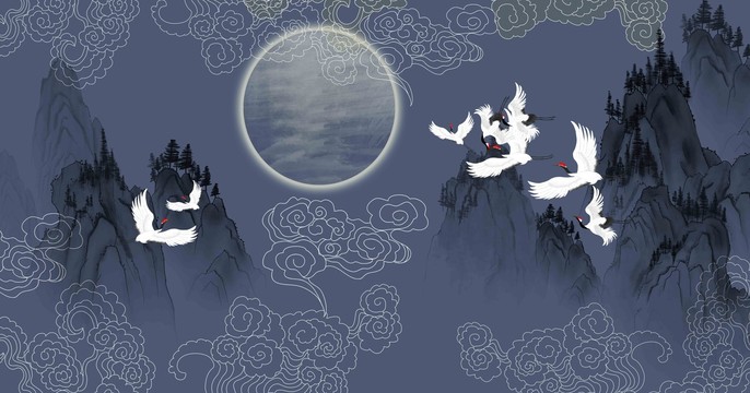 祥云山水畫仙鶴