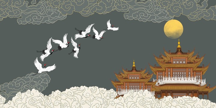 祥云樓閣瑞鶴圖