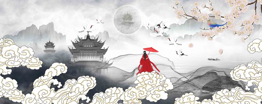 閣樓仙鶴山水畫