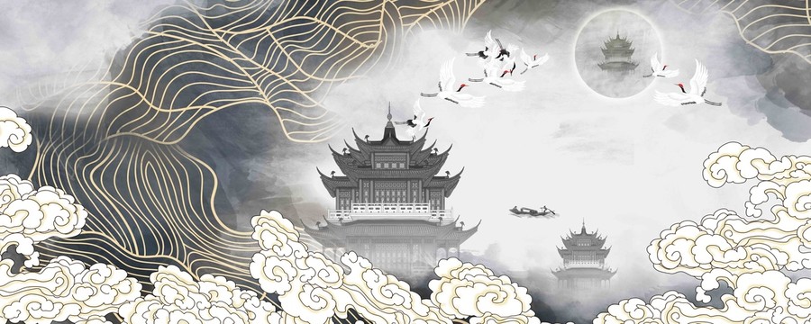 高端閣樓線條山水裝飾畫(huà)