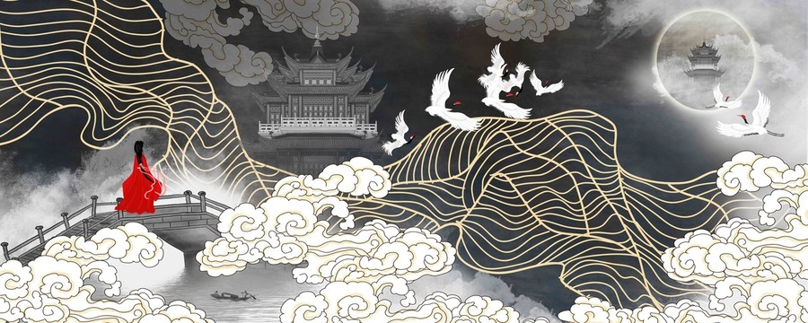 高端閣樓線條瑞鶴圖