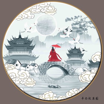 祥云樓閣仙鶴圖