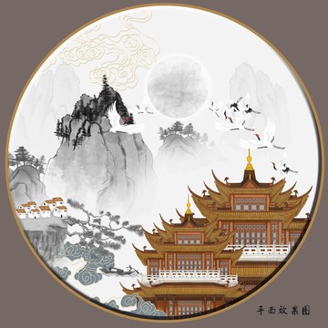 阁楼祥云山水画