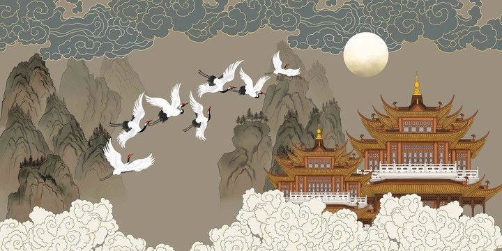 新中式閣樓祥云壁畫