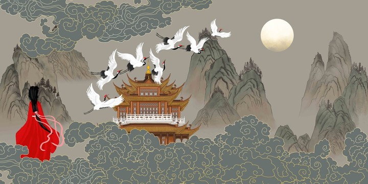 祥云樓閣仙鶴圖