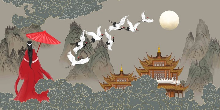 古風(fēng)祥云樓閣瑞鶴圖