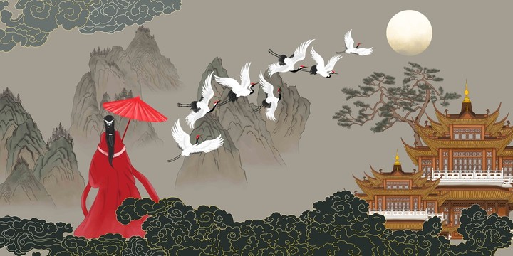 新中式樓閣祥云山水畫
