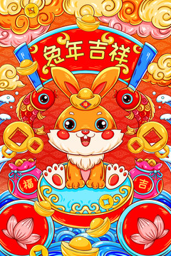 國潮兔年春節(jié)兔年吉祥插畫