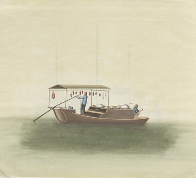 古代捕捞船舶图水粉画