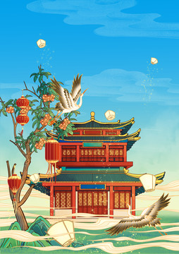 太原地標(biāo)古建筑晉祠國(guó)風(fēng)插畫(huà)