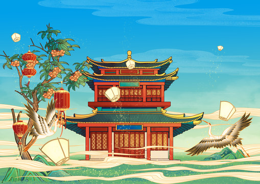 太原古建筑地標國風插畫晉祠