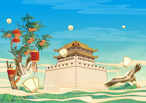 太原古建筑國風(fēng)插畫晉陽古城
