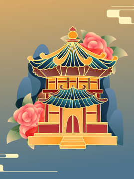 矢量手繪國潮風(fēng)花朵建筑