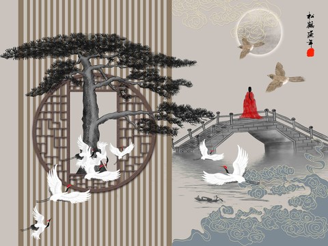 迎客松格柵瑞鶴圖