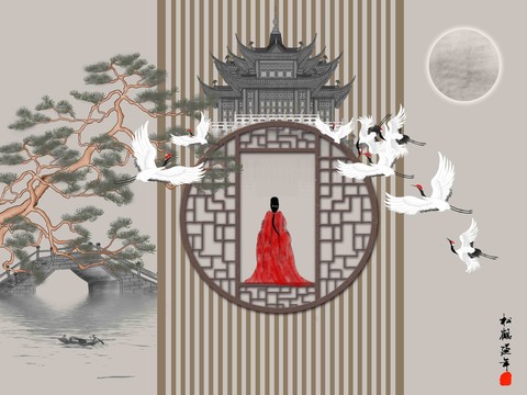 中式花格松樹背景墻