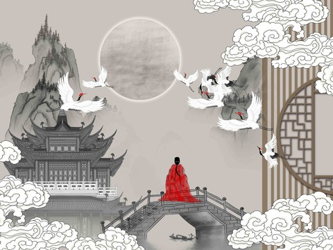 中式格柵祥云山水背景
