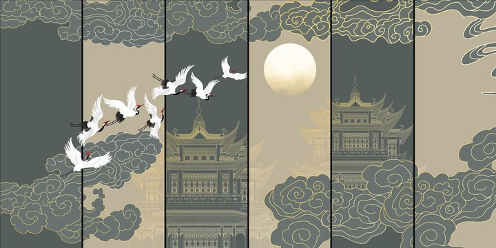 抽象祥云閣樓刺繡瑞鶴圖
