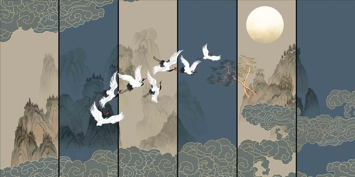 古風(fēng)抽象祥云山水壁畫