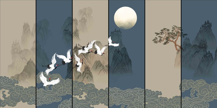山水金線祥云背景墻壁畫