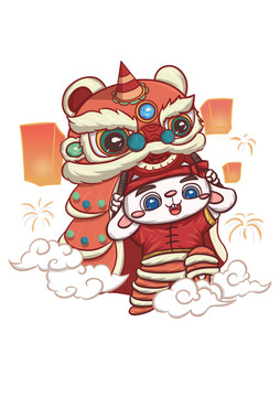 兔年國(guó)潮涂鴉玉兔迎春免扣元素