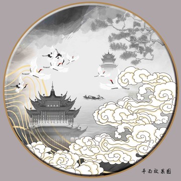 圓形祥云閣樓插畫