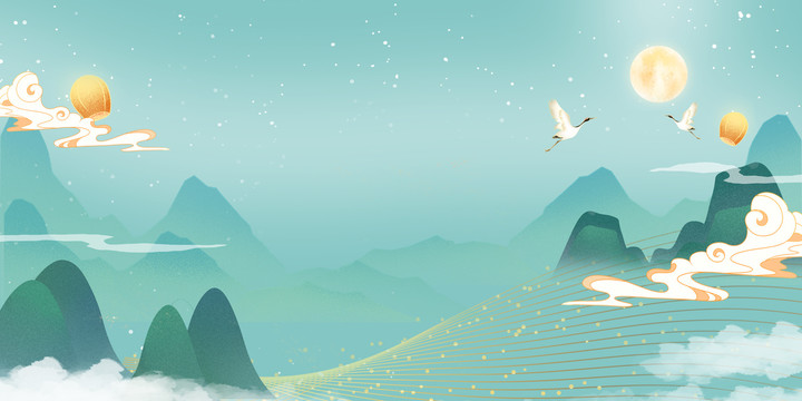 國潮中國風(fēng)山水仙鶴月光背景