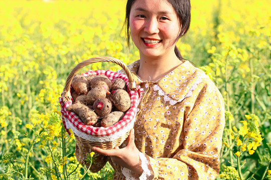 手里提着一篮红芽芋头