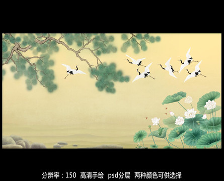 松鶴圖壁畫背景墻