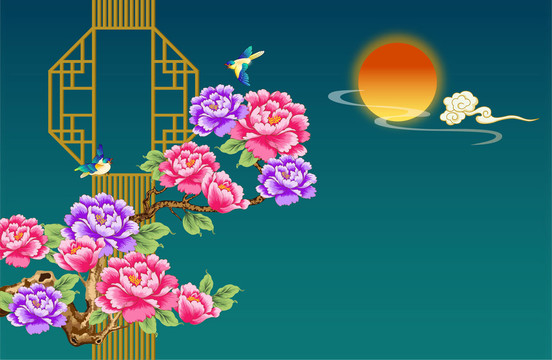 中式花格花鳥(niǎo)圖