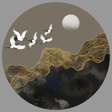 新中式線條瑞鶴圖