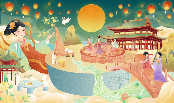 中秋節(jié)嫦娥月餅插畫