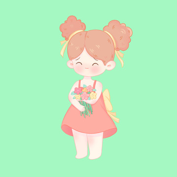 可愛(ài)治愈拿花的女孩插畫(huà)