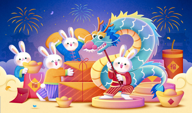 热闹节庆兔子舞龙舞狮新年插图