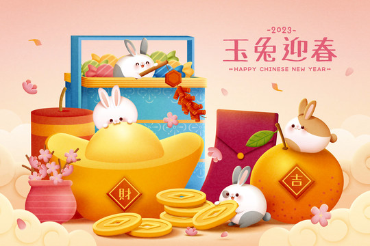 可愛風(fēng)玉兔迎春新年插圖