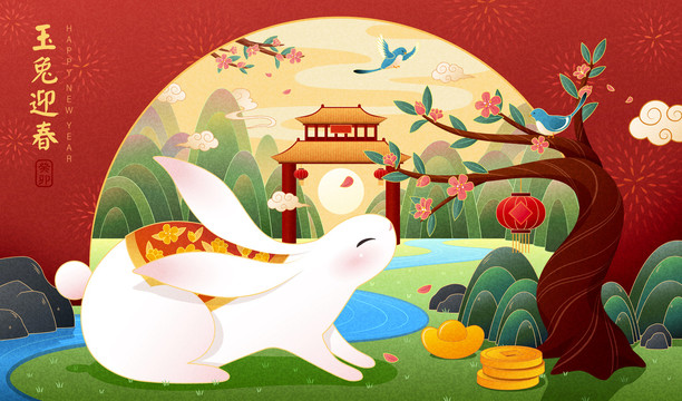 傳統(tǒng)山水景 兔年新春插圖
