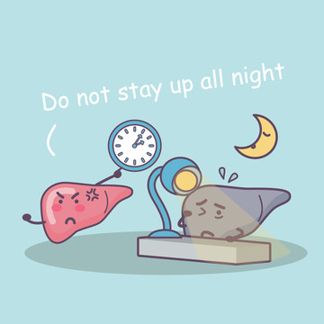 卡通風熬夜的肝生病插圖