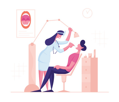 女醫(yī)生用照明燈在替病患檢查牙齒平面插圖