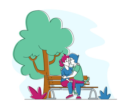 大树旁的长椅上 情侣拥抱亲吻中插图
