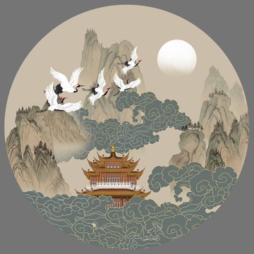 中式古典山水阁楼仙鹤