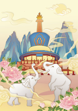 國潮白象祥云牡丹佛塔插畫