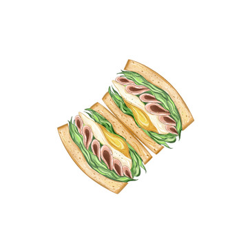 水彩輕食插畫時蔬培根三明治