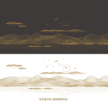 矢量線條山水意境壁畫裝飾