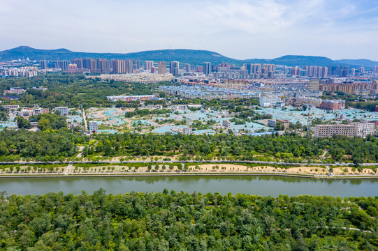 航拍平顶山市湛河乌江河口公园