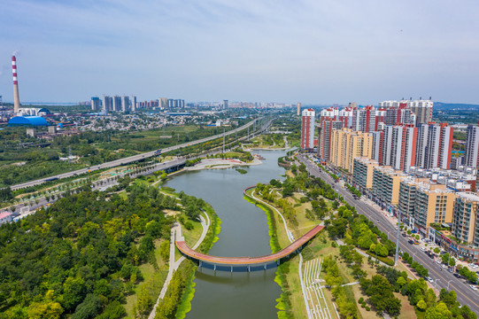 航拍平顶山市湛河乌江河口公园