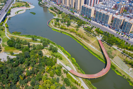 航拍平顶山市湛河乌江河口公园