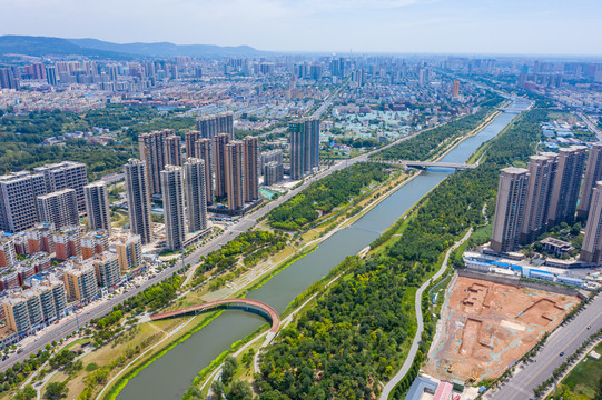 航拍平顶山市湛河乌江河口公园