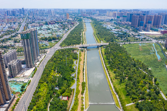 航拍平顶山市湛河乌江河口公园