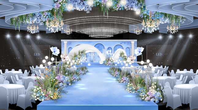 蓝色法式花园婚礼效果图