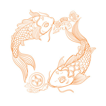 二條錦鯉魚插畫燙金元素