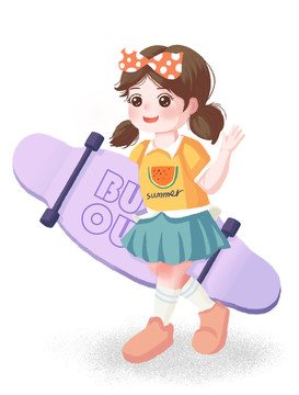 拿著滑板的小女孩